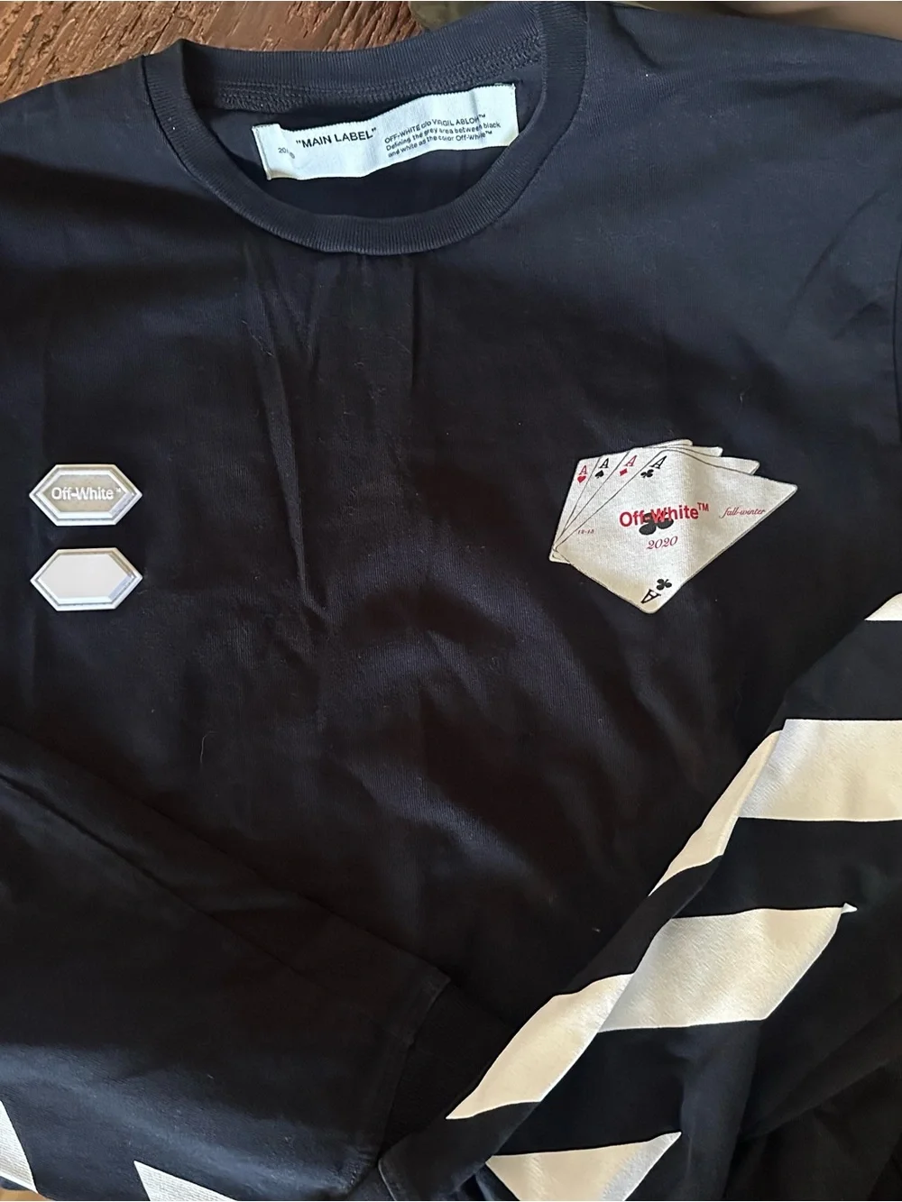 Off-White Black Crewneck Sweatshirt with White Diagonal Sleeve Stripes